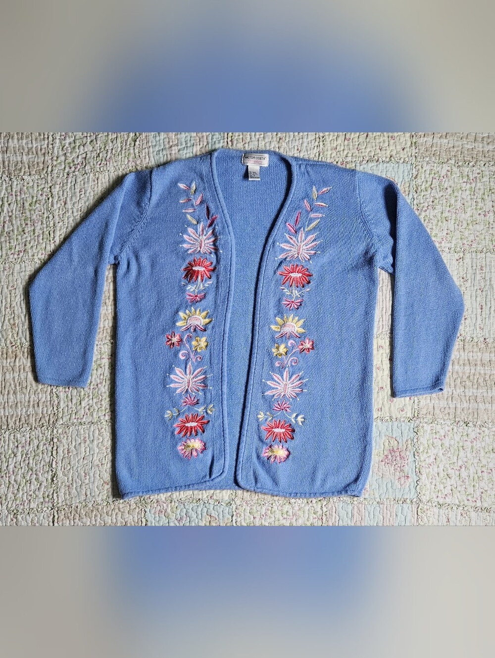 Vintage Cardigan with Floral Embroidery - Periwinkle Blue